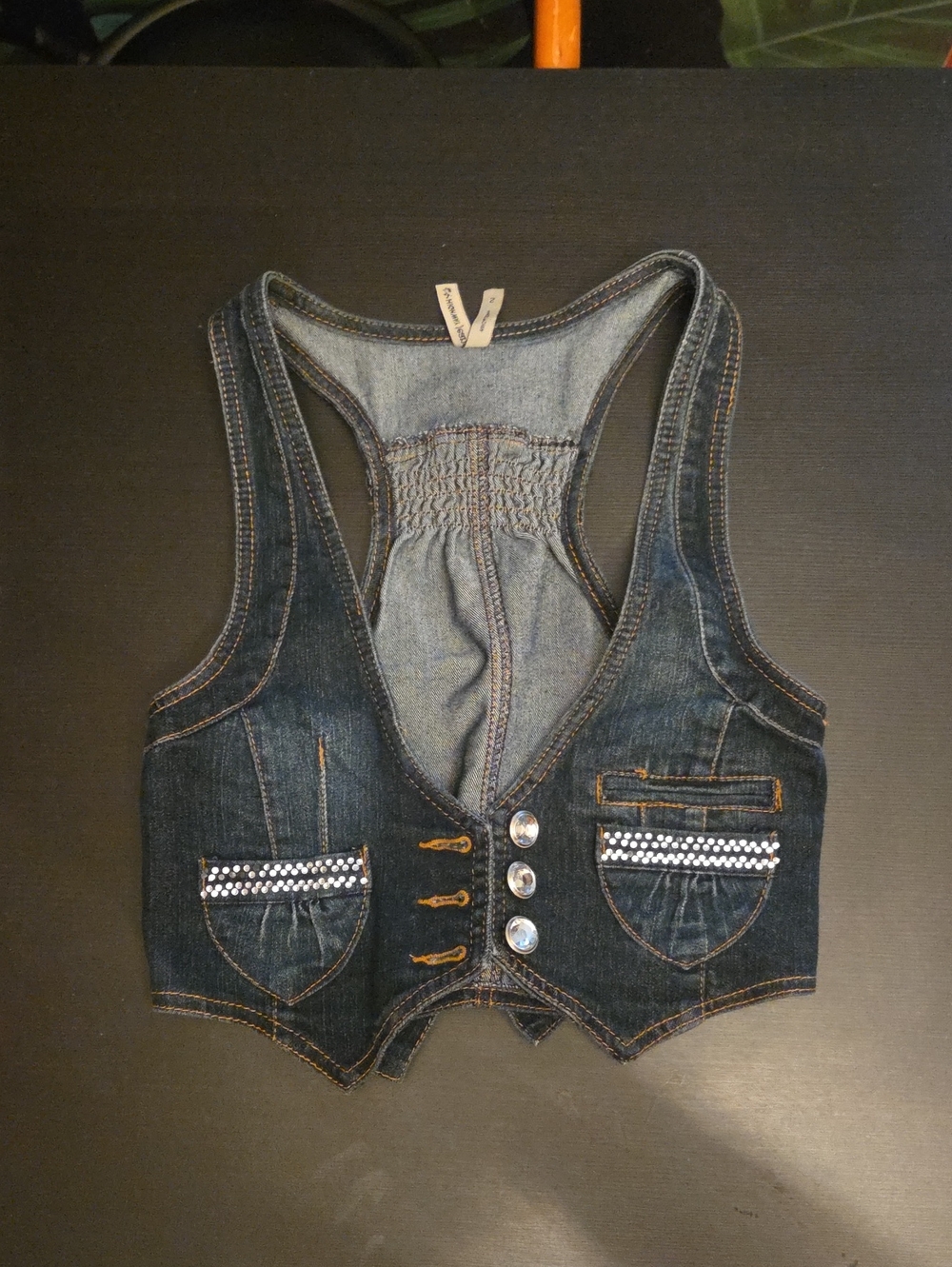 Dark Blue Denim Vest with Embellished Pockets